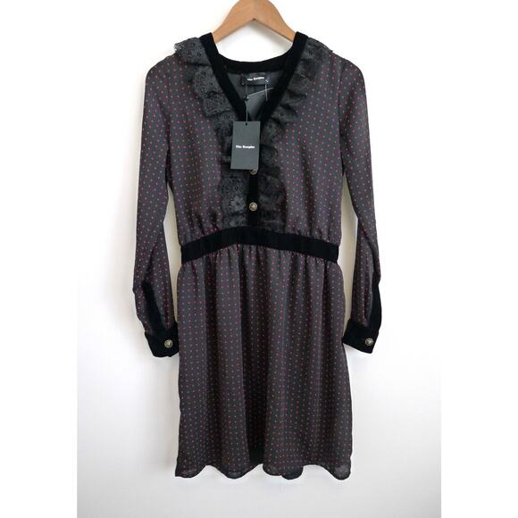 THE KOOPLES Lace Velvet Trim Polka Dot V-Neck Shirt Dress Nordstrom NWT M $325 - Picture 2 of 13